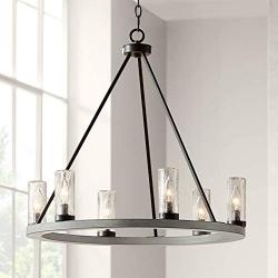 Lillian Gray Wood Bronze Wagon Wheel Chandelier 27'' Wide Rustic Farmhouse Clear Seeded Glass Cylinder Shades 6-Light Fixture Dining Room House Island Entryway Bedroom - Franklin Iron Works