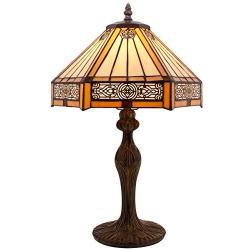 Tiffany Lamp Yellow Hexagon Stained Glass Shade Antique Zinc Base Mission Style Table Read Lighting W12H18 Inch S011 WERFACTORY LAMPS Living Room Bedroom Study Coffee Bar Bedside Desk Art Crafts Gifts