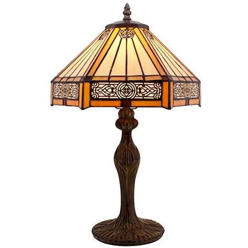 Tiffany Lamp Yellow Hexagon Stained Glass Shade Antique Zinc Base Mission Style Table Read Lighting W12H18 Inch S011 WERFACTORY LAMPS Living Room Bedroom Study Coffee Bar Bedside Desk Art Crafts Gifts