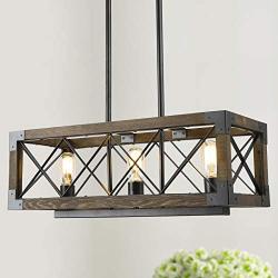 Island Light Fixtures, Rectangular Wood Farmhouse Chandelier for Dining Rooms, 3-Lights Kitchen Island Lighting