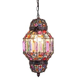 LITFAD Lantern Bedroom Hanging Lamp Metal Single Light Vintage Pendant Lighting with Colorful Crystal Art Deco Pendant Lamp for Dining Room Restaurant Coffee Shop Bar