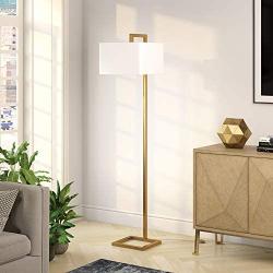 Henn&Hart FL0330 Modern Angular Lines in A Brass Finish, with White Linen Square Shade, for Living Room, Bedroom, Office Contemporary Minimalist Floor Lamp, Gold