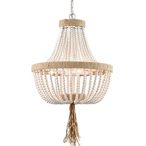 Farmhouse White Wood Beaded Chandeliers Large Dining Room Pendant Chandelier Wooden Bead Chandelier