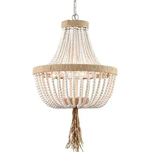 Farmhouse White Wood Beaded Chandeliers Large Dining Room Pendant Chandelier Wooden Bead Chandelier Farmhouse White Wood Beaded Chandeliers Large Dining Room Pendant Chandelier Wooden Bead Chandelier