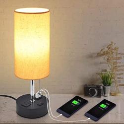 USB Bedside Table Lamp, Golspark Minimalist Nightstand Lamp with Charging Ports, Lamps for Bedrooms, Fabric Linen Lamp Shade, Modern Desk Lamp with Pull Chain (Round Table lamp)