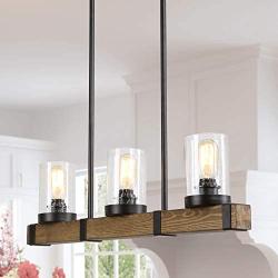 Farmhouse Chandelier for Dingin Rooms,3-Lights Kitchen Island Lighting,Rectangle Wood Chandelier with Seedy Glass Shape