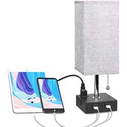 USB Bedside Table Lamp with Outlet, Aooshine Modern Nightstand Lamp with 2 Useful USB Ports & One Outlet, Grey Fabric Shade Ambient Light Desk Lamp for Bedroom, Guest Room or Office