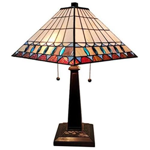 Amora Lighting Tiffany Style Table Lamp Banker Mission 21'' Tall Stained Glass Blue Tan Brown Green Vintage Antique Light Décor Living Room Bedroom Office Handmade Gift AM238TL14B, Multicolored