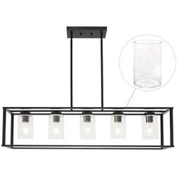 VINLUZ Modern Chandeliers Farmhouse Lighting 5 Lights Black with Clear Seedy Glass Shade Dining Room Light Fixtures Industrial Rustic Ceiling Hanging Pendant Lighting for Kitchen Island Foyer Bar