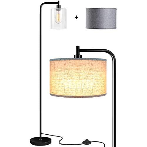 Qimh Floor Lamp with 2 Lamp Shades (Glass,Beige) & Edison Bulb,Indoor Pole Light to Match Living Room,Bedroom in Farmhouse, Vintage, or Rustic Style - Standing, Tall Lighting