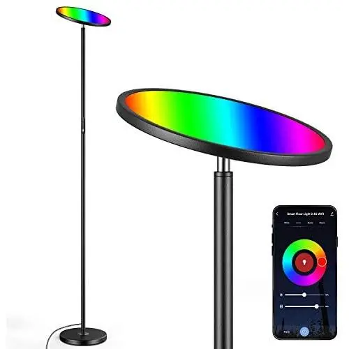 Dimmable Torchiere Floor Lamp, Smart WiFi Color Changing LED Standing Lamp, Super Bright RGBW Reading Lamp for Living Rooms, Bedrooms, Compatible with Alexa & Google Home, Black, 25W
