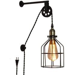 Modern Industrial Rustic Cage Wall Lamp Lift Pipe Pulley Lights Fixture - Retro Pendant Lamp Adjustable Hanging with Plug in Cord - Wall Sconce for Indoor Living Room Restaurant (with no Bulb,Black)