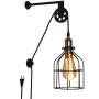 Modern Industrial Rustic Cage Wall Lamp Lift Pipe Pulley Lights Fixture - Retro Pendant Lamp Adjustable Hanging with Plug in Cord - Wall Sconce for Indoor Living Room Restaurant (with no Bulb,Black)