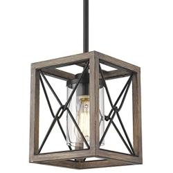 FEMILA Farmhouse Pendant Light, 1-Light Rustic Cage Hanging Light Fixture, Antique Wood Finish Finish, Clear Glass Lampshade, 4FY42 M1L WB