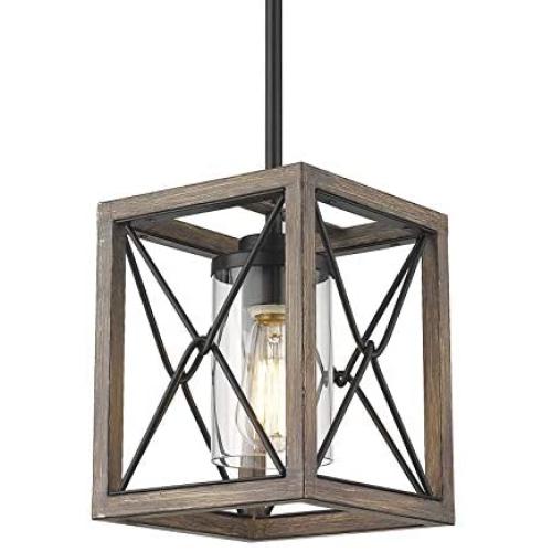 FEMILA Farmhouse Pendant Light, 1-Light Rustic Cage Hanging Light Fixture, Antique Wood Finish Finish, Clear Glass Lampshade, 4FY42 M1L WB