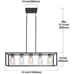 FIMITECH Chandeliers Contemporary Rectangle 5-Light Dining Room Lighting, Adjustable Rods, Fixtures Hanging, Ceiling Light Kitchen Island Cage Pendant Lights with Glass Shade (Black)