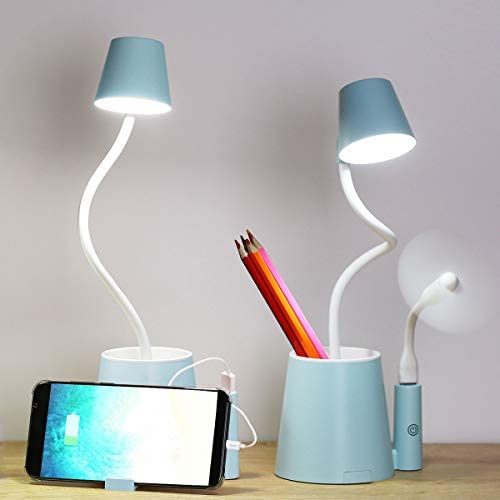 Desk Lamp Kids Small USB Rechargeable Student Cute Led Eye Protection Table Lamp Dimmable Touch Control, Storage with Phone & Pen Holder for Child, Girls, Boys, Gifts, Office, Home, Dorm, Room (Blue)