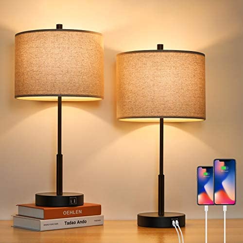 Set of 2 Touch Control Tall Table Lamps with 2 USB Ports, 3-Way Dimmable Modern Bedside Nightstand Lamps 22.5inch with Beige Fabric Shades for Bedroom Guestroom Living Room Hotel, 2 LED Bulbs Included