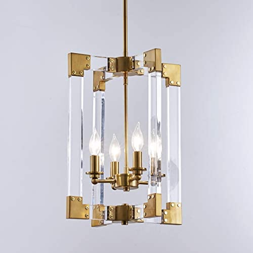 4-Light Modern Gold Chandelier, Hanging Pendant Light Fixture Rectangle Clear Brass Square Pendant Light for Dining Room, Bedroom, Foyer and Entryway