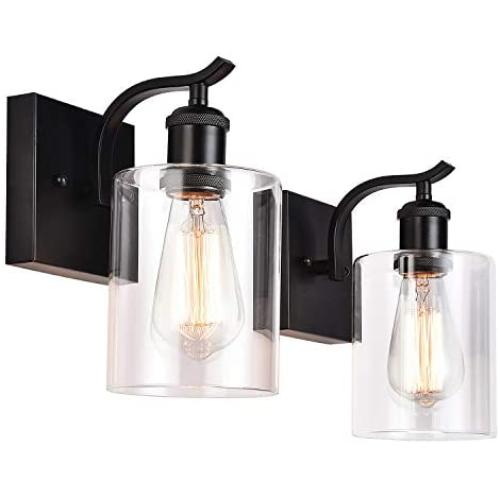 Cuaulans 2 Pack Modern Industrial Farmhouse Black Wall Sconce, Indoor Clear Glass Shade Vanity Light Fixtures for Bathroom Bedroom Living Room Hallway Stairwell Wall Mount