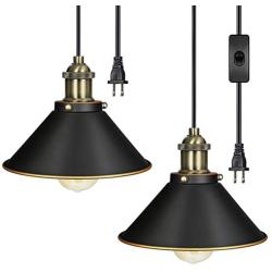 DEWENWILS Pendant Light Plug in, Indoor Ceiling Light for Kitchen Living Room, Bedroom, Dinning Hall, 2 Pack Plug in Hanging Light, 15FT Adjustable Cord with On/Off Switch