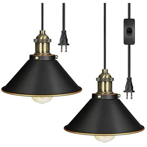 DEWENWILS Pendant Light Plug in, Indoor Ceiling Light for Kitchen Living Room, Bedroom, Dinning Hall, 2 Pack Plug in Hanging Light, 15FT Adjustable Cord with On/Off Switch