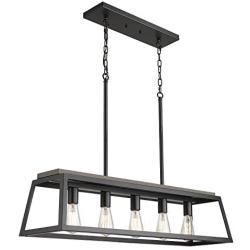 Eapudun 38-Inch 5-Light Kitchen Island Lighting, Farmhouse Linear Chandelier for Dining Room Pool Table Pendant Light Fixture, Matte Black and Wooden Finish, PDA1272-FBDT