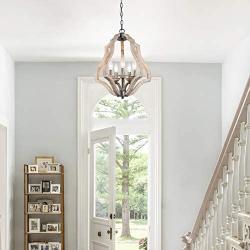 Farmhouse Chandelier, New Modern Orb Kitchen Chandelier, 5-Light Wooden Chandeliers for Dining Rooms, Foyer, Entryway