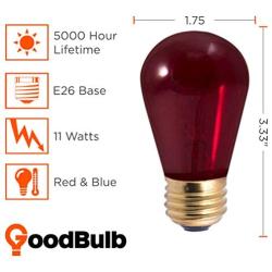 Veterans Day Light Bulbs - 11 Watt Red and Blue Light Bulbs - Dimmable - E26 Base - by GoodBulb (11 Watt S14, 2 Pack)