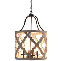 Jiuzhuo Vintage Distressed White Carved Wood 4-Light Lantern Farmhouse Chandelier Lighting Hanging Ceiling Fixture in Rust