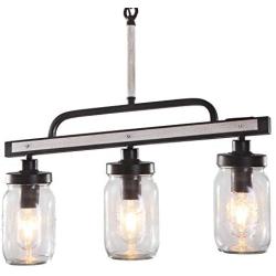 reesenLight 3-Light Farmhouse Chandelie, Rustic Mason Jar Glass Ceiling Light, Vintage Hanging Pendant Light Fixture for Kitchen Island Dining Room Cafe Bar, Faux Wood and Black Metal Finish