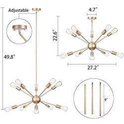 Wellmet Gold Sputnik Chandelier 10-Light, Modern Contemporary Hanging Light Fixture Pendant Ceiling Lighting for Kitchen Dining Room Living Room Foyer, Brushed Brass