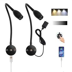 Bai Bai Yi LED Bedside Reading lamp, USB Charging Port, Flexible gooseneck Reading Wall lamp, Adjustable Brightness and Color Temperature Touch Switch, Suitable for Bedside, Easy to Install, 2 Packs