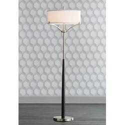 Avery Modern Floor Lamp Black and Brushed Steel Column White Linen Drum Shade for Living Room Reading Bedroom Office - 360 Lighting