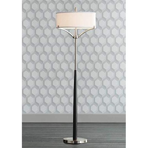Avery Modern Floor Lamp Black and Brushed Steel Column White Linen Drum Shade for Living Room Reading Bedroom Office - 360 Lighting