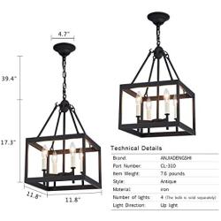 ANJIADENGSHI Lantern Pendant Light Lantern Iron Cage 4 E12 Bulbs Lantern Chandelier for Dining Room Bar Cafe ,Matte Black(Bulbs Not Included)