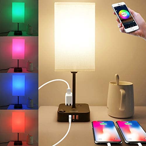 COZOO Bluetooth RGB & USB Bedside Table Lamp with 3 USB Charging Ports and 2 Outlets Power Strip, LED Light Bulb Dimmable, Music Sync RGB Color Changing Light for Party Home/Bedroom/Living Room