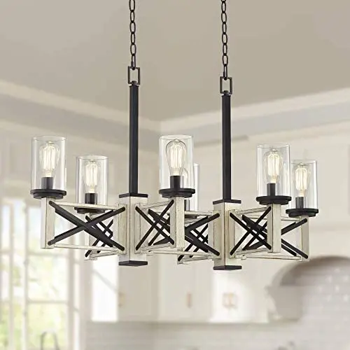 McBride Black White Wash Wood Linear Pendant Chandelier 39 1/2'' Wide Rustic Farmhouse LED 6-Light Fixture for Kitchen Island Dining Room - Franklin Iron Works
