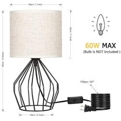 Black Hollowed Out Base Modern Lamp Bedside Table Lamp Set of 2 Geometric Desk Lamp with White Fabric Shade for Living Room Bedroom Guestroom