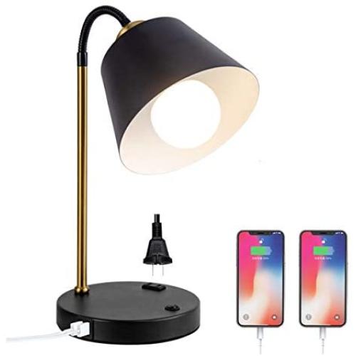 Industrial Dimmable Desk Lamp with 2 USB Charging Ports AC Outlet, Bedside Nightstand Reading Lamp Flexible Head, Black Metal Table Lamp for Bedroom Office Living Room, Bulb Included (Black)