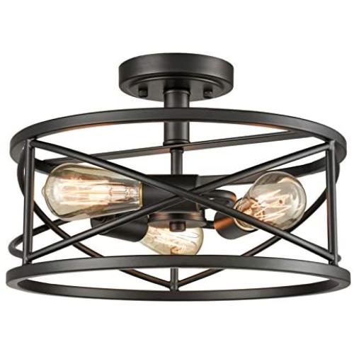 Dazhuan Rustic Semi Flush Ceiling Lights Metal Drum Ceiling Light, 3-Light, Black