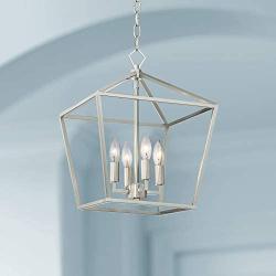 Queluz Brushed Nickel Cage Foyer Pendant Chandelier 13'' Wide Geometric Frame 4-Light Fixture for Dining Room House Foyer Kitchen Island Entryway Bedroom Living Room - Franklin Iron Works