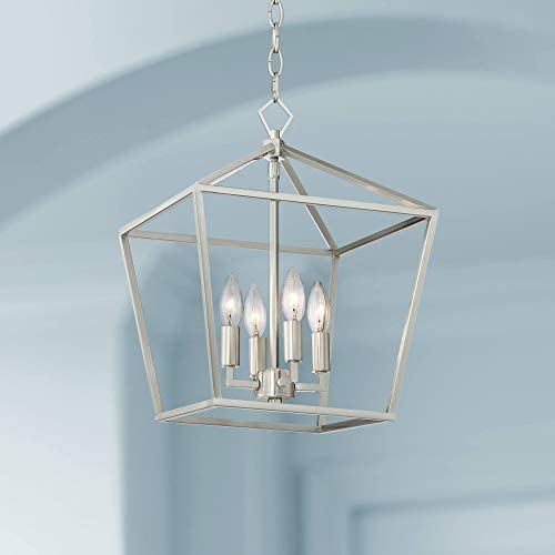 Queluz Brushed Nickel Cage Foyer Pendant Chandelier 13'' Wide Geometric Frame 4-Light Fixture for Dining Room House Foyer Kitchen Island Entryway Bedroom Living Room - Franklin Iron Works