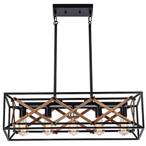 XIPUDA Kitchen Island Pendant Light Fixture Farmhouse Chandeliers Lighting, Pool Table Linear Lights, Wood Metal Frame Hanging Light for Dinning Room (5-Light)
