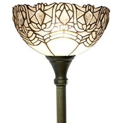 Tiffany Floor Lamp Torchiere Up Lighting W12H66 Inch White Bend Stained Glass Crystal Bead Lampshade Antique Standing Iron Base 1E26 Foot Switch S508W WERFACTORY Living Bedroom Home Office Decoration