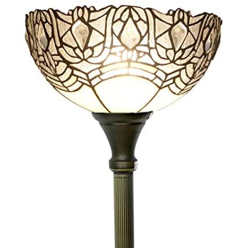Tiffany Floor Lamp Torchiere Up Lighting W12H66 Inch White Bend Stained Glass Crystal Bead Lampshade Antique Standing Iron Base 1E26 Foot Switch S508W WERFACTORY Living Bedroom Home Office Decoration