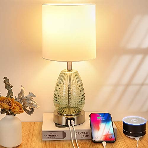 Touch Control Table Lamp, 3 Way Dimmable Nightstand Lamp with 2 USB Charging Ports, Green Glass, Silver Base, Fabric Shade Desk Reading Light for Bedroom Living Room, LED Bulb Included