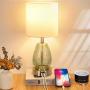 Touch Control Table Lamp, 3 Way Dimmable Nightstand Lamp with 2 USB Charging Ports, Green Glass, Silver Base, Fabric Shade Desk Reading Light for Bedroom Living Room, LED Bulb Included