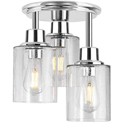 Semi Flush Mount Ceiling Light, 3-Light Close to Ceiling Light Fixtures, Electroplating Chrome Finish with Clear Seeded Glass Shade Chandelier Lighting for Stairs Porch Hallway Entryway Kitchen