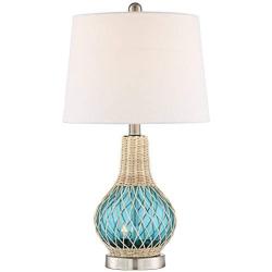 Alana Coastal Accent Table Lamp with Nightlight LED Rope Blue Glass Gourd White Fabric Drum Shade for Living Room Bedroom Bedside Nightstand Office Family - 360 Lighting